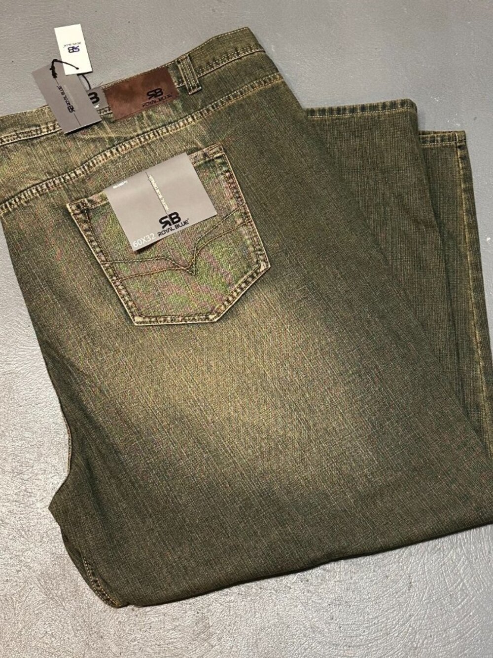 Royal Blue Brand Denim Jeans Men 60 x 32 Relaxed Big & Tall Olive Green Wash
